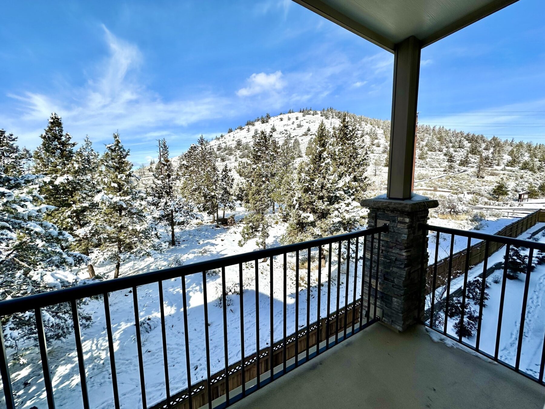 balcony view overlooking the surrounding snowy forest landscape