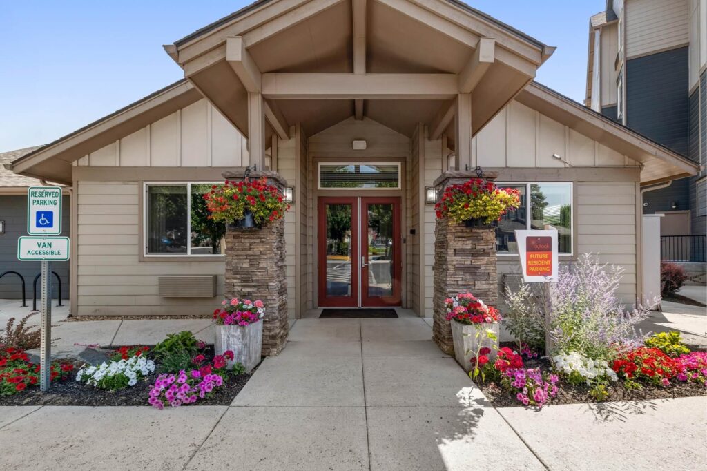 Entrance to leasing office with landscaping