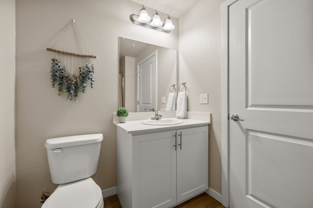 Bathroom with vanity sink, large mirror overhead and toilet